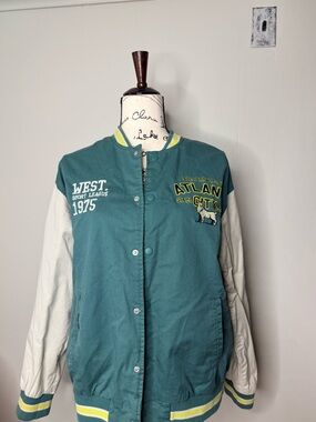 Zara Teal and Cream Varsity Jacket with Yellow Trim